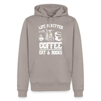 Life is Better with Coffee Cat and Books - Männer Premium Bio Hoodie - Taupe - Vorne - Nico (187cm)