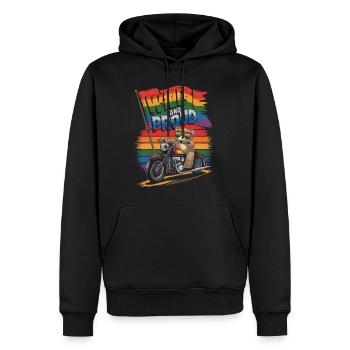 Teddy Bear Rides Motorcycle LGBTQ Rainbow Banner - Men’s Premium Organic Hoodie - black - Front - Nico (187cm)