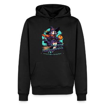 Niedliche Hexe mit Besen und Fledermäusen - Männer Premium Bio Hoodie - Schwarz - Vorne - Nico (187cm)