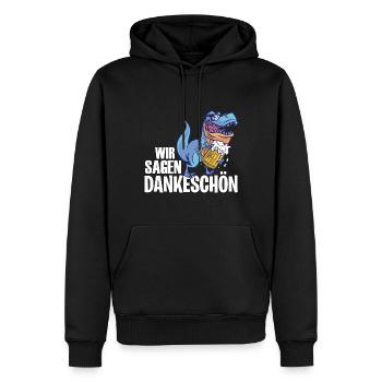 Dankeschön, Dino, Bier, Spruch, Cartoon, Lustig - Männer Premium Bio Hoodie - Schwarz - Vorne - Nico (187cm)