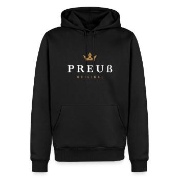 Preuß Original Familienlogo - Männer Premium Bio Hoodie - Schwarz - Vorne - Nico (187cm)