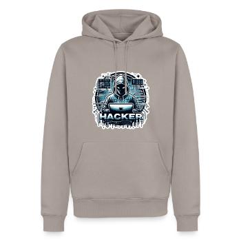 Hacker - Illustration - Men’s Premium Organic Hoodie - taupe - Front - Nico (187cm)
