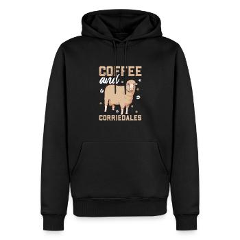 Kaffee und Corriedale Hausschaf - Männer Premium Bio Hoodie - Schwarz - Vorne - Nico (187cm)
