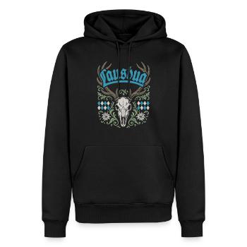 Lausbua Hirsch - Festzelt, Bier und Gaudi - Männer Premium Bio Hoodie - Schwarz - Vorne - Nico (187cm)