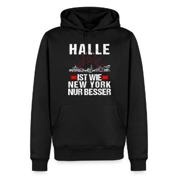 Halle Ist Wie New York Nur Besser - Männer Premium Bio Hoodie - Schwarz - Vorne - Nico (187cm)