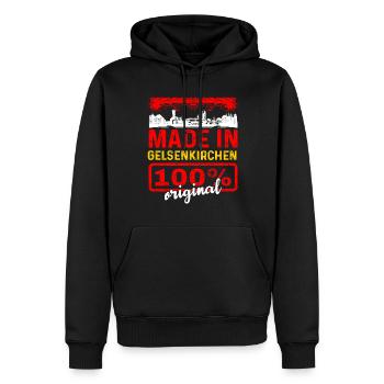 Halle - Männer Premium Bio Hoodie - Schwarz - Vorne - Nico (187cm)
