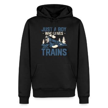 Nur ein Junge, der Züge liebt - Männer Premium Bio Hoodie - Schwarz - Vorne - Nico (187cm)