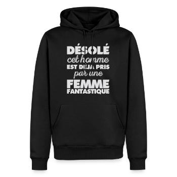 Sorry this Man Is Already Taken by a Woman - Men’s Premium Organic Hoodie - black - Front - Nico (187cm)