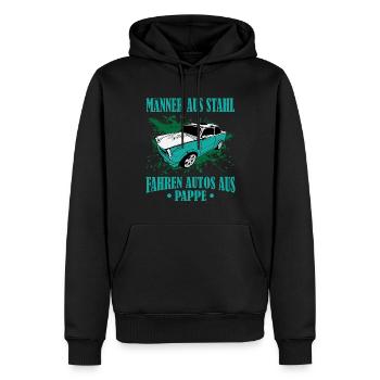 DDR Trabi Männer aus Stahl, fahren Autos aus Pappe - Männer Premium Bio Hoodie - Schwarz - Vorne - Nico (187cm)