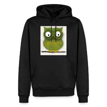 Green owl illustration, carved in wood - Men’s Premium Organic Hoodie - black - Front - Nico (187cm)