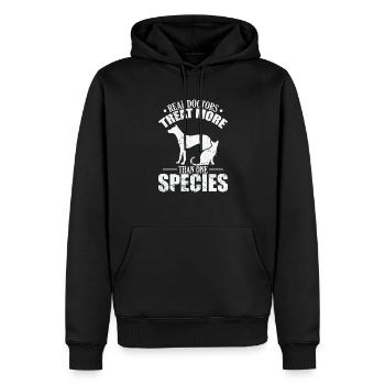 Les vrais médecins traitent plus d’une espèce - Sweat à capuche Premium bio Homme - noir - Devant - Nico (187cm)
