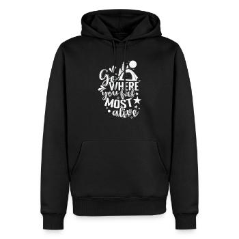 go where you feel most alive Camping Urlaub - Männer Premium Bio Hoodie - Schwarz - Vorne - Nico (187cm)