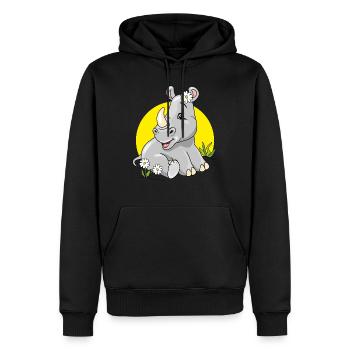 Niedliches, schüchternes Baby-Nashorn, das auf Rasen mit Kamille sitzt - Männer Premium Bio Hoodie - Schwarz - Vorne - Nico (187cm)