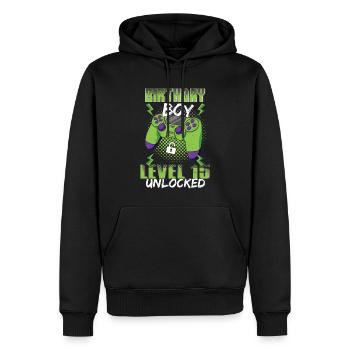 Gamer Boy Amateur de jeux vidéo 15 ans Déverrouillé - Sweat à capuche Premium bio Homme - noir - Devant - Nico (187cm)
