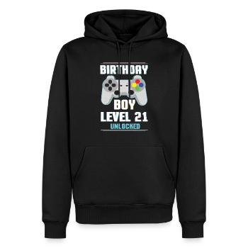 Gamer Boy Amateur de jeux vidéo Age 21 Niveau débloqué - Sweat à capuche Premium bio Homme - noir - Devant - Nico (187cm)