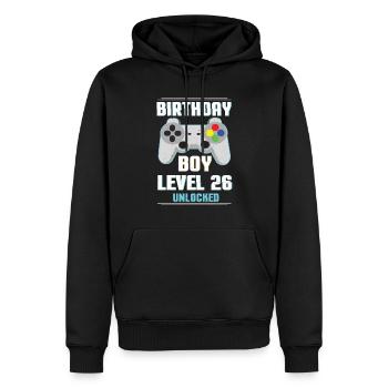 Gamer Boy Amateur de jeux vidéo Age 26 Niveau débloqué - Sweat à capuche Premium bio Homme - noir - Devant - Nico (187cm)