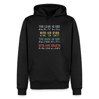 Weniger Augen sehen Mehr Herz Vintage Braille Alphabet - Männer Premium Bio Hoodie - Schwarz - Vorne - Nico (187cm)