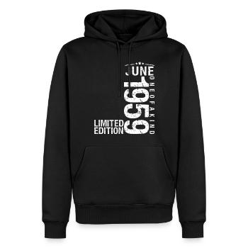 Juin 1959 Juin anniversaire Juin 1959 - Sweat à capuche Premium bio Homme - noir - Devant - Nico (187cm)