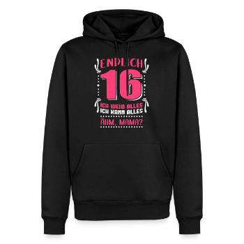 Endlich 16 Geburtstag | Geschenk Mädchen - Männer Premium Bio Hoodie - Schwarz - Vorne - Nico (187cm)