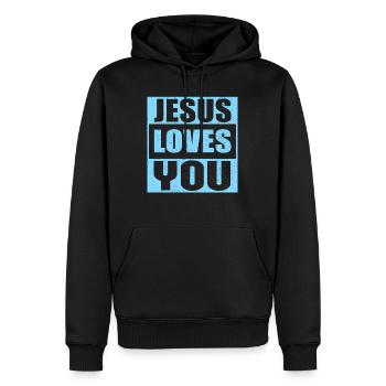 Jésus vous aime | cadeaux chrétiens - Sweat à capuche Premium bio Homme - noir - Devant - Nico (187cm)