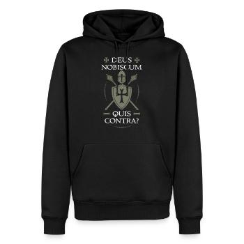 Templer-Rüstung + Deus Nobiscum Quis Contra - Männer Premium Bio Hoodie - Schwarz - Vorne - Nico (187cm)