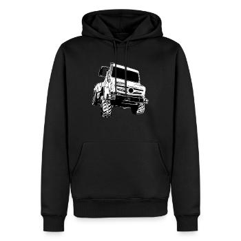 Unimog, véhicule utilitaire, camion, Unimog 406, tracteur - Sweat à capuche Premium bio Homme - noir - Devant - Nico (187cm)