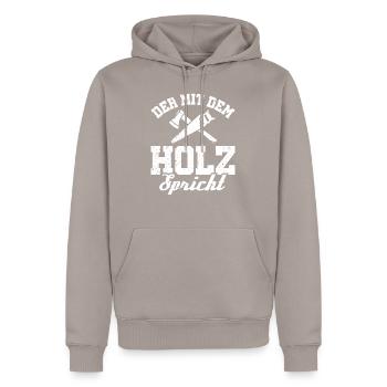 Qui parle avec le bois | Schreiner & Artisans - Sweat à capuche Premium bio Homme - taupe - Devant - Nico (187cm)