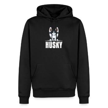 Husky souriant - Sweat à capuche Premium bio Homme - noir - Devant - Nico (187cm)