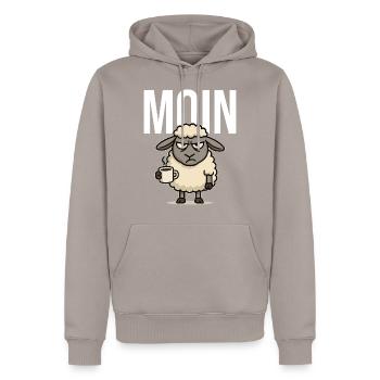 MOIN – Grummeliges Schaf mit Kaffee | Morgenmuffel - Männer Premium Bio Hoodie - Taupe - Vorne - Nico (187cm)