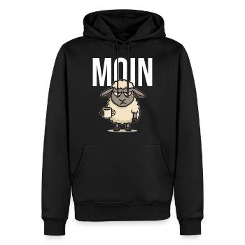 MOIN – Grummeliges Schaf mit Kaffee | Morgenmuffel - Männer Premium Bio Hoodie - Schwarz - Vorne - Nico (187cm)