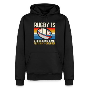 Rugby ist ein Hooligans-Spiel, das von Gentlemen gespielt wird - Männer Premium Bio Hoodie - Schwarz - Vorne - Nico (187cm)