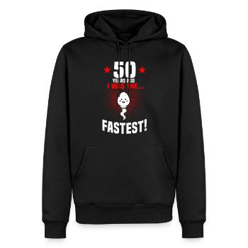 50ème anniversaire 50 ans en disant Drôle - Sweat à capuche Premium bio Homme - noir - Devant - Nico (187cm)