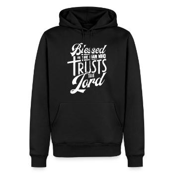Gesegnet Ist Der Mann, Der Dem Herrn Vertraut - Männer Premium Bio Hoodie - Schwarz - Vorne - Nico (187cm)