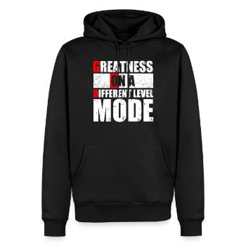 GOD MODE, Größe Auf Einer Anderen Ebene - Männer Premium Bio Hoodie - Schwarz - Vorne - Nico (187cm)