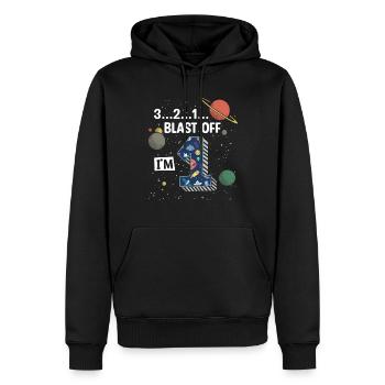 Blast Off J’ai 1 an, 1er anniversaire - Sweat à capuche Premium bio Homme - noir - Devant - Nico (187cm)