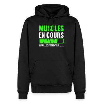 Muskeln im Gange bitte warten - Männer Premium Bio Hoodie - Schwarz - Vorne - Nico (187cm)