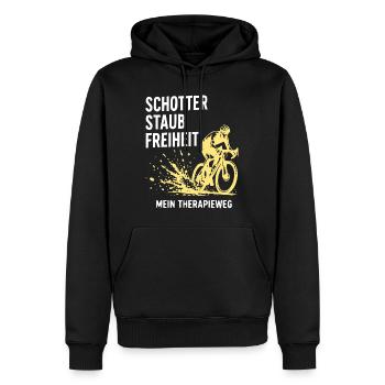 Schotter Freiheit – Mein Therapieweg - Männer Premium Bio Hoodie - Schwarz - Vorne - Nico (187cm)