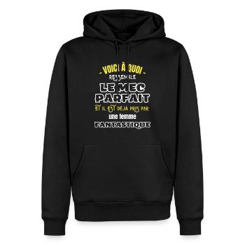 Cadeau Saint valentin homme Mec parfait déjà pris - Sweat à capuche Premium bio Homme - noir - Devant - Nico (187cm)