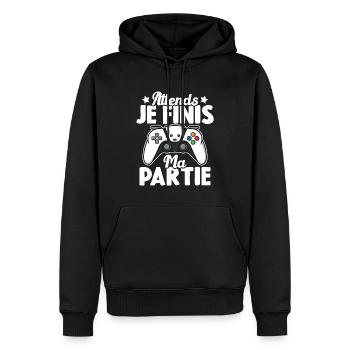 Attends Je Finis ma Partie - Sweat à capuche Premium bio Homme - noir - Devant - Nico (187cm)