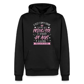 Une princesse et d'avoir 69 ans, Cadeau 69 ans - Sweat à capuche Premium bio Homme - noir - Devant - Nico (187cm)