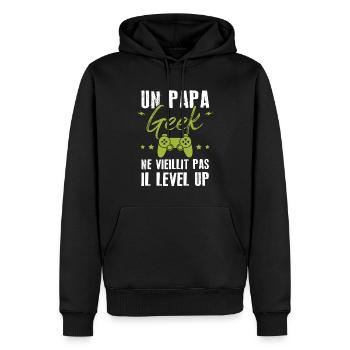 Un papa geek ne vieillit pas il level up - Sweat à capuche Premium bio Homme - noir - Devant - Nico (187cm)
