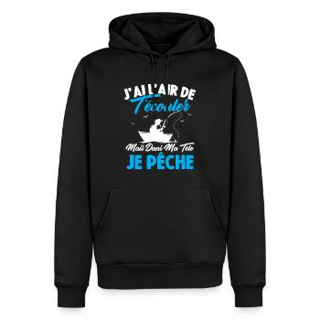 Dans Ma Tête Je Pêche, Cadeau Humour Pêcheur - Sweat à capuche Premium bio Homme - noir - Devant - Nico (187cm)