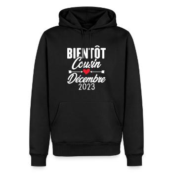 Bientôt Cousin Décembre 2023, Annonce Grossesse - Sweat à capuche Premium bio Homme - noir - Devant - Nico (187cm)