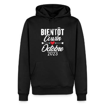 Bientôt Cousin Octobre 2023, Annonce Grossesse - Sweat à capuche Premium bio Homme - noir - Devant - Nico (187cm)