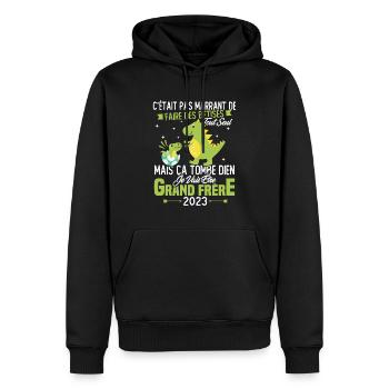 Je vais être grand frère 2023 / Cadeau grand frère - Sweat à capuche Premium bio Homme - noir - Devant - Nico (187cm)