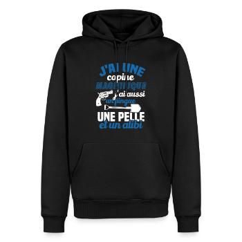 J'ai une Copine Magnifique - Flingue, Pelle, Alibi - Sweat à capuche Premium bio Homme - noir - Devant - Nico (187cm)