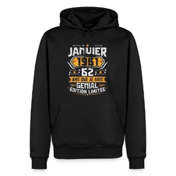 Rétro Cadeau D'anniversaire 62 Ans Janvier 1961 - Sweat à capuche Premium bio Homme - noir - Devant - Nico (187cm)