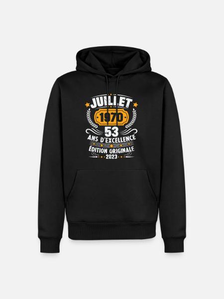 Vintage 1970 Juillet Cadeau D'anniversaire 53 Ans - Sweat à capuche Premium bio Homme - noir