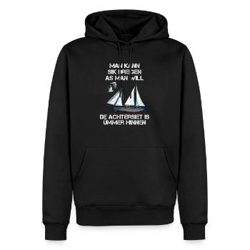Achtersiet is ümmer hinnen Plattdeutsch Spruch - Männer Premium Bio Hoodie - Schwarz - Vorne - Nico (187cm)