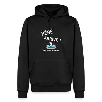 bébé arrive cadeau annonce grossesse famille - Sweat à capuche Premium bio Homme - noir - Devant - Nico (187cm)